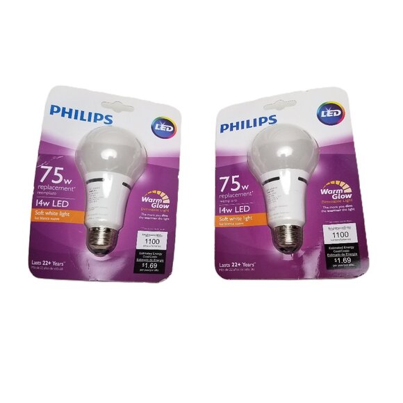 Philips LED Light Bulbs 2 Pack 14W 75W Replacement Warm Glow Dimmable Soft White - Picture 1 of 3